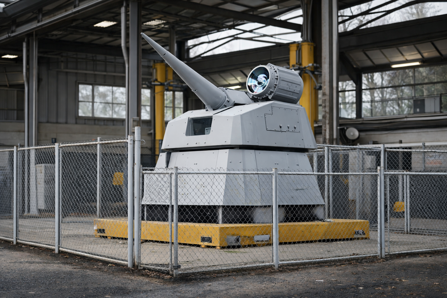 Illustration générée par IA d’un système anti-drone militaire français en hangar