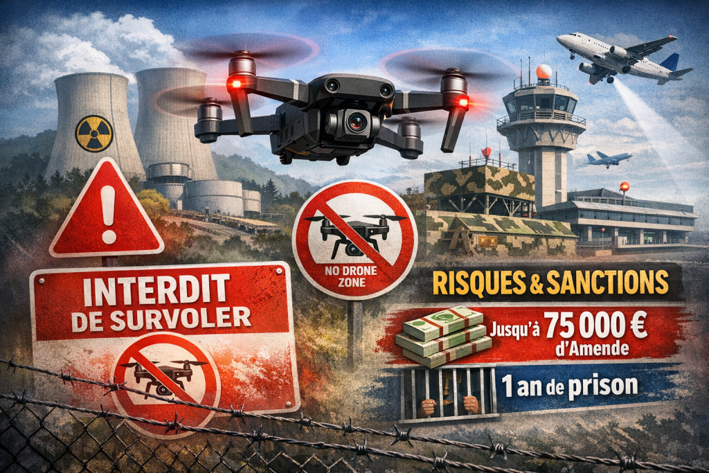 Illustration montrant un drone volant près d’une centrale nucléaire, d’une base militaire et d’un aéroport, symbolisant les zones interdites au survol en France et les sanctions encourues.