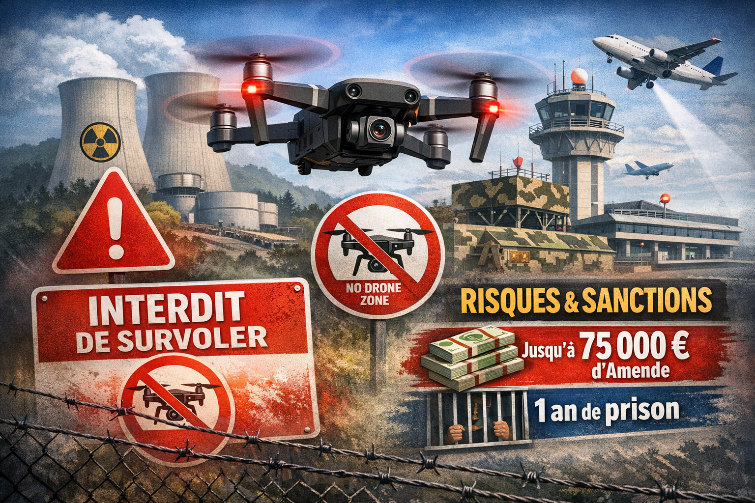 <figcaption>
Illustration générée par intelligence artificielle représentant les zones interdites au survol de drone en France, utilisée à des fins d’illustration pour un sujet sur la réglementation et les sanctions encourues.
</figcaption>
