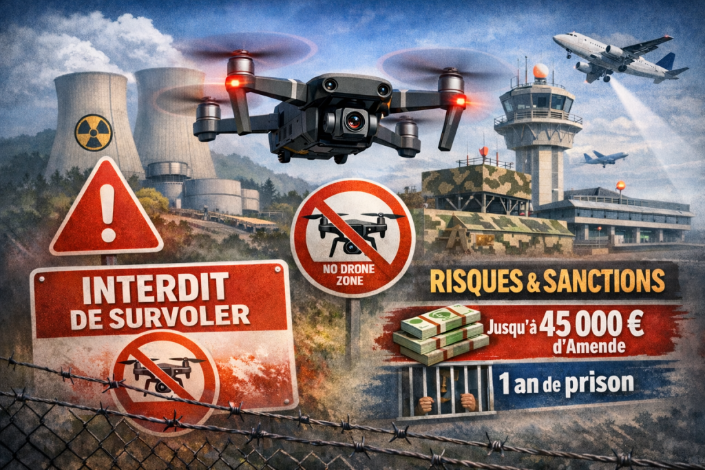 Illustration montrant un drone volant près d’une centrale nucléaire, d’une base militaire et d’un aéroport, symbolisant les zones interdites au survol en France et les sanctions encourues.