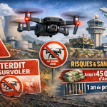 Illustration montrant un drone volant près d’une centrale nucléaire, d’une base militaire et d’un aéroport, symbolisant les zones interdites au survol en France et les sanctions encourues.