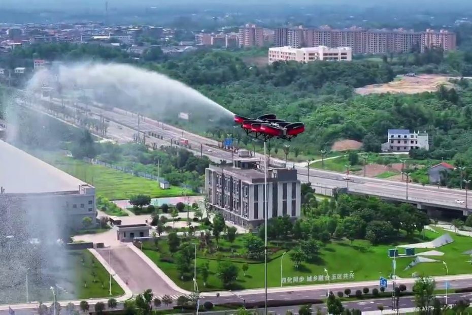 Drone pompier chinois à hélices carénées projetant de l’eau sur un immeuble en hauteur lors d’un exercice de lutte contre un incendie